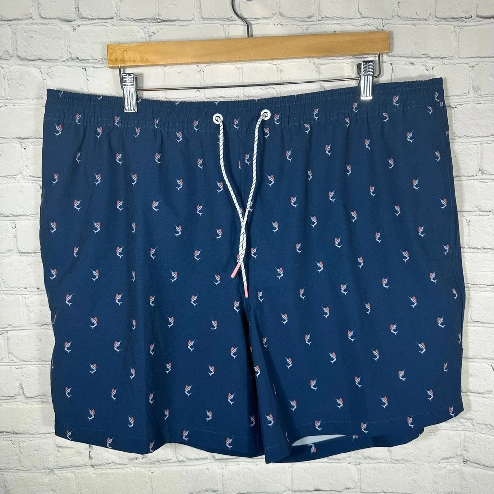 NEW Bonobos Mens Marlin Print Swim Shorts Dark Blue 7 Inch Inseam XXL Swimwear